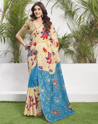 Divastri Floral Print, Geometric Print, Printed Daily Wear Cotton Blend Saree(Beige, Blue)