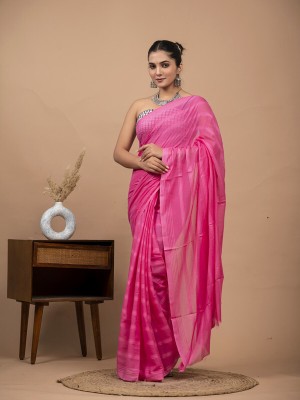 Kunj Lets Love Fashion Striped Ikkat Pure Cotton Saree(Pink)