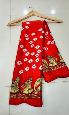 ZENFAB THREADS Printed Bollywood Crepe, Silk Blend Saree(Red, Gold)