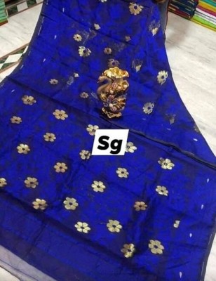 vromorkunjo Self Design Jamdani Pure Cotton Saree(Dark Blue)