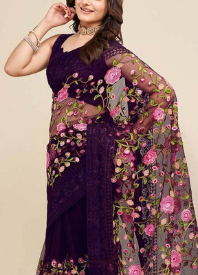 Celeb Styles Embroidered Bollywood Net Saree(Purple)