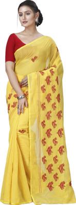 DipDiya Self Design, Embroidered Handloom Cotton Blend Saree(Yellow)