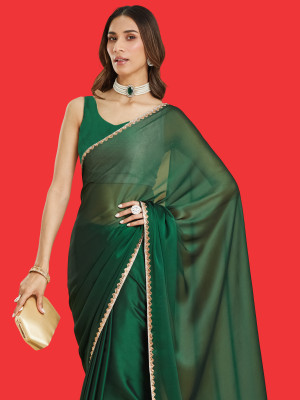 Croza Solid/Plain Bollywood Cotton Silk Saree(Dark Green)