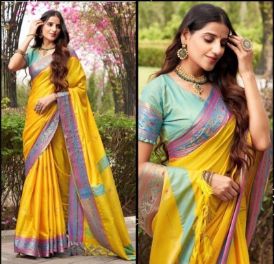 VRINDITA FASHION Woven Banarasi Cotton Silk Saree(Yellow)