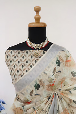 Marabout Digital Print Bollywood Cotton Linen Saree(White)