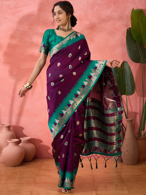 Sangria Woven Saree with Attached Blouse Silk Blend Saree(Purple)