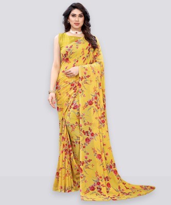 Samah Printed Daily Wear Chiffon, Georgette Saree(Yellow)