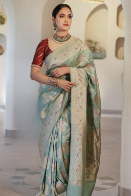 NIVACREATIONS Woven, Self Design Banarasi Silk Blend Saree(Pack of 2, Light Green)