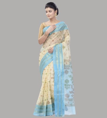 Ruuprekha Printed Tant Pure Cotton Saree(Light Blue, Beige)