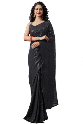 Styli-Nar Creation Printed, Digital Print, Striped, Self Design, Embroidered Bollywood Georgette Saree(Black)