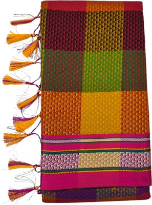 Hathkargha Checkered Ilkal Cotton Blend Saree(Red, Gold, Multicolor)