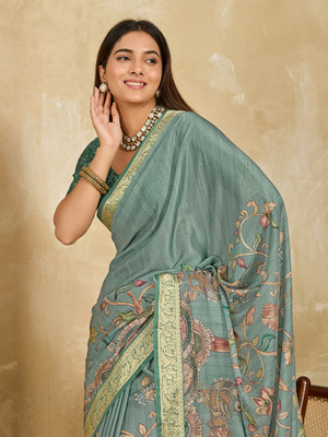 Tasrika Printed, Woven Kalamkari Crepe Saree(Green)