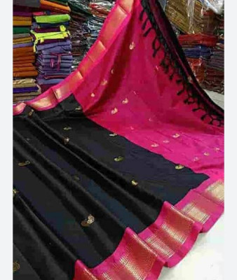 Hashir textile Self Design Paithani Cotton Silk Saree(Black)