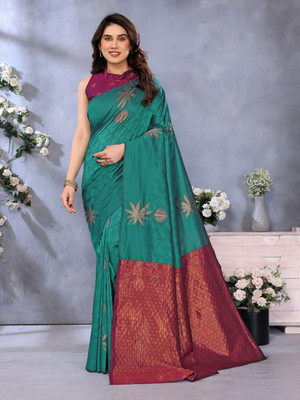 StyleDeal Floral Print, Woven Banarasi Jacquard Saree(Blue)