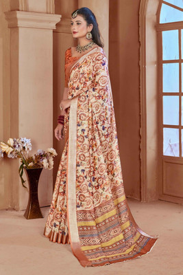 Ethnic Trendz Floral Print Saree with Attached Blouse Cotton Linen Saree(Multicolor)