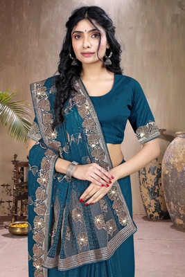 AnjaniTextiles Embroidered, Embellished Bollywood Georgette Saree(Light Blue)