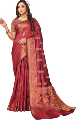 SariSphere Embroidered Banarasi Cotton Silk Saree(Maroon)