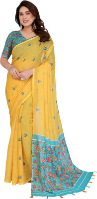 Moda Rapido Floral Print Bollywood Cotton Blend Saree(Yellow)