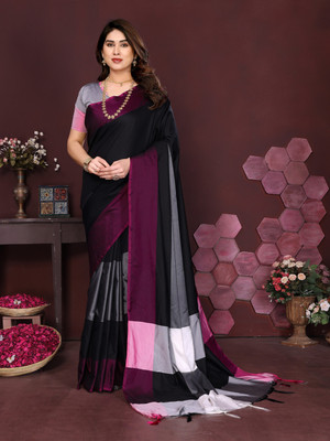 Karnav Fashion Color Block Bollywood Cotton Silk Saree(Black)