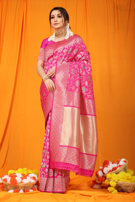 Monghiba Clothing Self Design Banarasi Jacquard Saree(Pink)