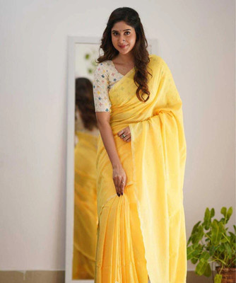 HouseOfCommon Solid/Plain Handloom Cotton Blend Saree(Yellow)