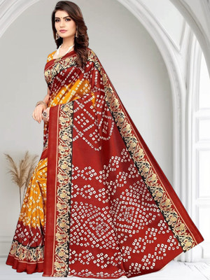 Grubstaker Printed Hand Batik Cotton Blend Saree(Red)