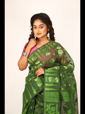 MA TARA TEXTILES ROHIT Floral Print Handloom Cotton Blend Saree(Dark Green)