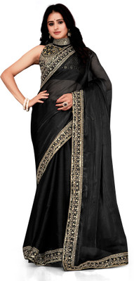 Mortile Designer Studio Embroidered Banarasi Organza Saree(Black)