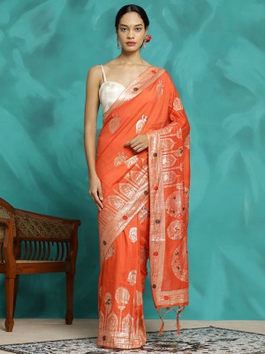 Jaipur Kurti Woven Banarasi Silk Blend Saree(Orange)