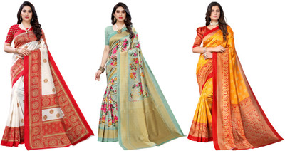 ANIRAV Printed Kasavu Art Silk Saree(Pack of 3, Red, Light Green, Yellow)