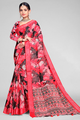 WONAYA Digital Print Bollywood Linen Saree(Red)