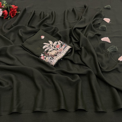 K 5 FASHION Embroidered, Solid/Plain Bollywood Georgette Saree(Black)