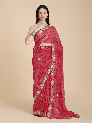 RATAN Printed Bandhani Chiffon Saree(Red)