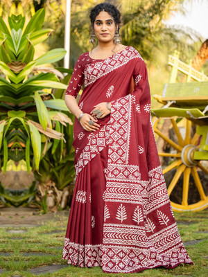 Anouk Rustic Printed Daily Wear Cotton Blend Saree(Maroon)