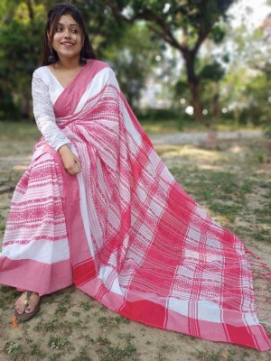 NKBALA Striped Jamdani Cotton Silk Saree(White, Pink)