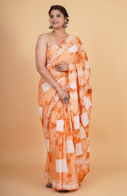 Krishna Creation Printed Hand Batik Pure Cotton Saree(Multicolor)