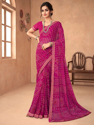 ANOUK Embellished Bandhani Chiffon Saree(Pink)
