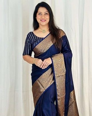 SPOTXY Self Design Kanjivaram Pure Cotton, Cotton Silk Saree(Dark Blue)