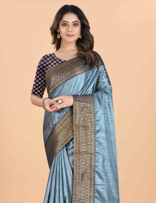 PRIYESHA TEXTILES Solid/Plain, Self Design, Temple Border, Woven, Embroidered Banarasi Tussar Silk Saree(Grey)