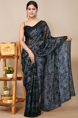 MIRCHI FASHION Printed Daily Wear Chiffon, Georgette Saree(Black, Grey)