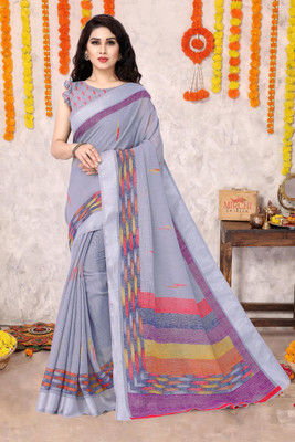 MIRCHI FASHION Printed, Solid/Plain Ikkat Cotton Blend Saree(Purple, Multicolor)