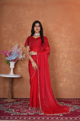 HouseOfCommon Embellished, Embroidered, Solid/Plain Bollywood Chiffon, Pure Silk Saree(Red)