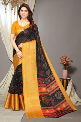 Winza Designer Floral Print, Solid/Plain Banarasi Cotton Blend, Cotton Silk Saree(Black)