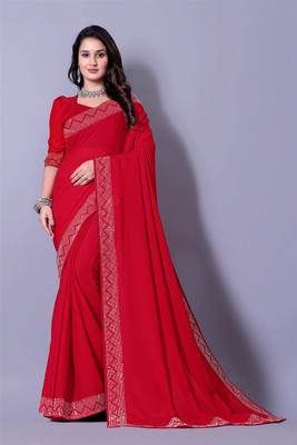 Lapetiya Clothing Self Design, Solid/Plain Bollywood Georgette Saree(Red)