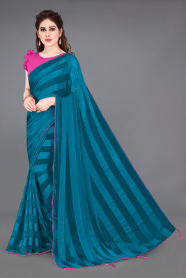 MIRCHI FASHION Striped, Solid/Plain Bollywood Georgette Saree(Blue, Pink)