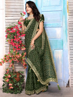 Sareemall Embellished Bandhani Silk Blend Saree(Green)