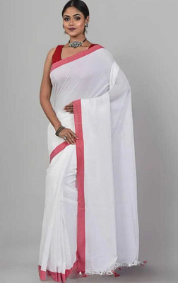 Pal Saree Senter Solid/Plain Bollywood Khadi, Pure Cotton Saree(White, Red)