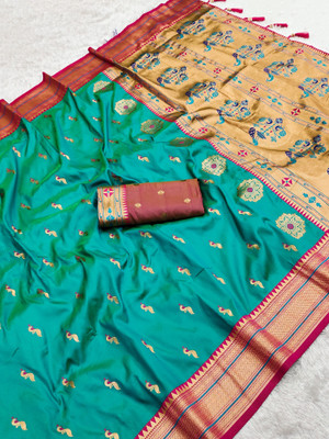 PANZORA Woven Paithani Cotton Silk Saree(Green)