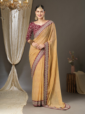 Divastri Embroidered Bandhani Georgette Saree(Cream)