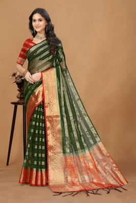 Aarunika BS Solid/Plain Bollywood Organza Saree(Dark Green)